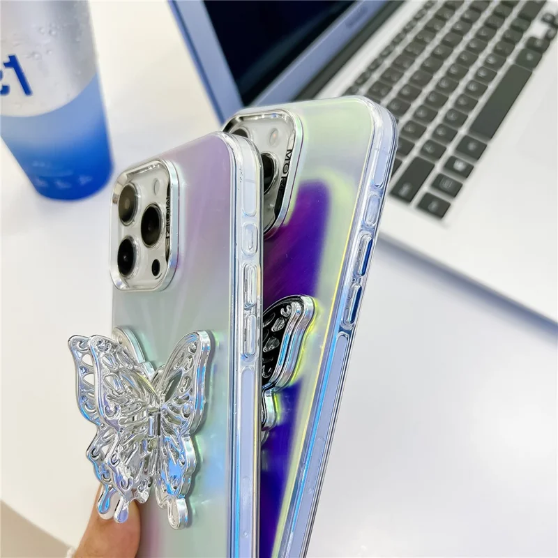 For iPhone 15 Pro Max Phone Case IMD Electroplating PC+TPU Cover with Butterfly Kickstand - AK1
