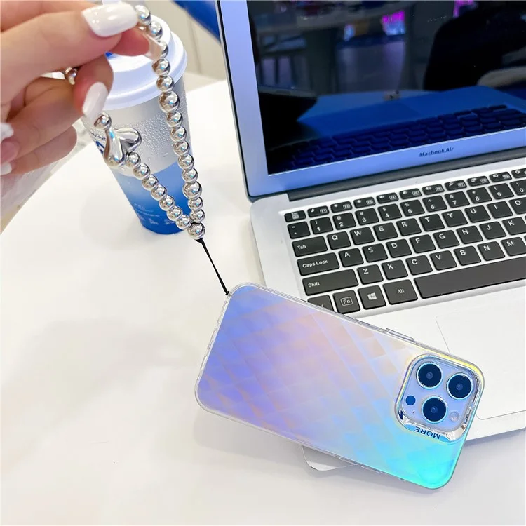 Für iPhone 15 Pro Max Case PC+TPU IMD Laser Texture Matte Phone Cover mit Perlenarmband - AK2