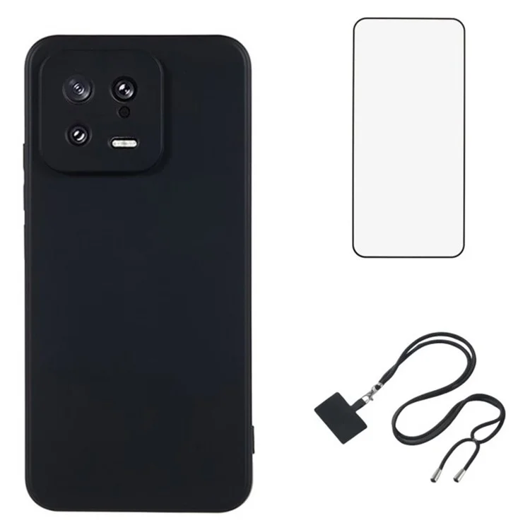 WANLONFENG RB1 Serie für Xiaomi 13 Case Soft TPU Handyhülle mit Displayfolie, Trageriemen - Schwarz