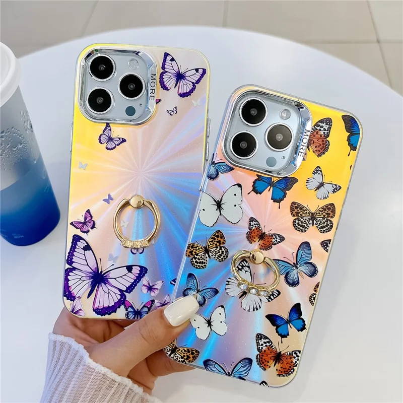 For iPhone 15 Pro Case Laser Texture Electroplating Butterfly Pattern Ring Kickstand Phone Cover - AB1