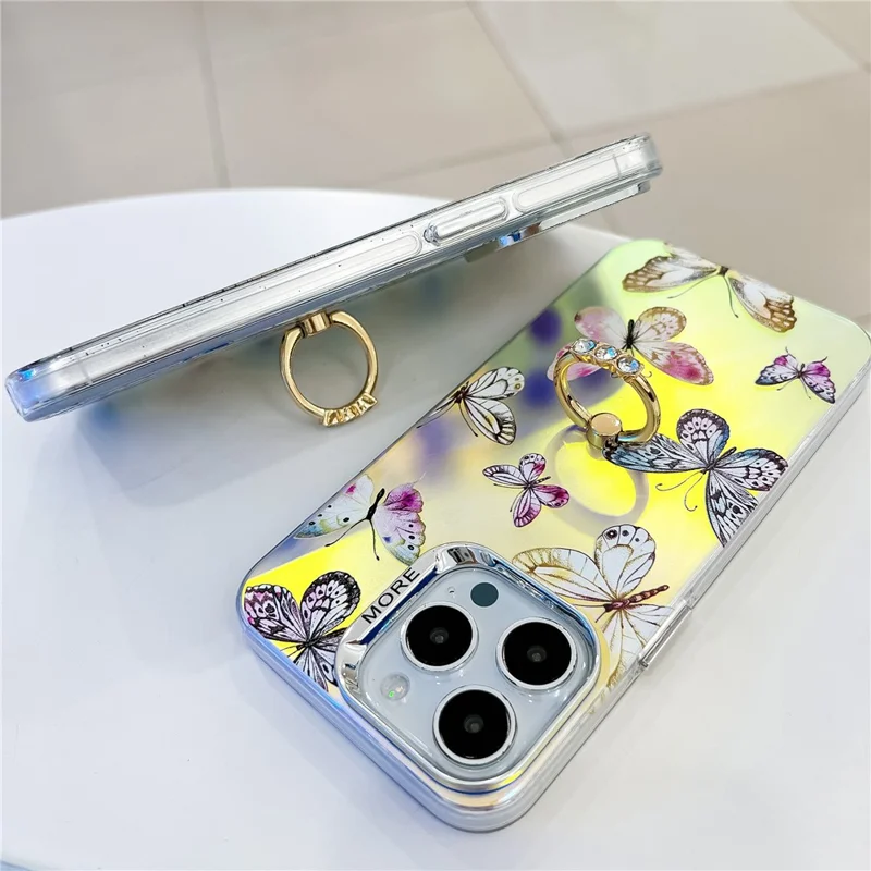 For iPhone 15 Pro Case Laser Texture Electroplating Butterfly Pattern Ring Kickstand Phone Cover - AB1
