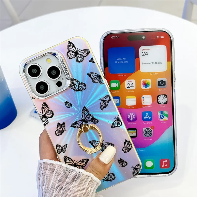 For iPhone 15 Pro Case Laser Texture Electroplating Butterfly Pattern Ring Kickstand Phone Cover - AB1