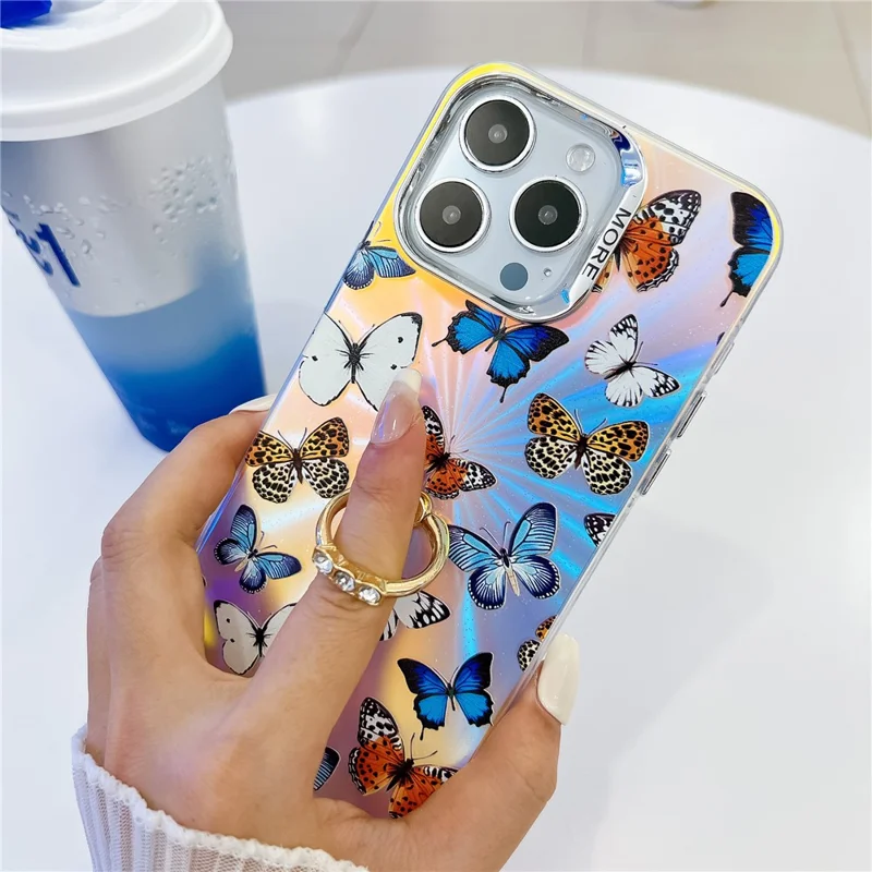 For iPhone 15 Pro Case Laser Texture Electroplating Butterfly Pattern Ring Kickstand Phone Cover - AB1