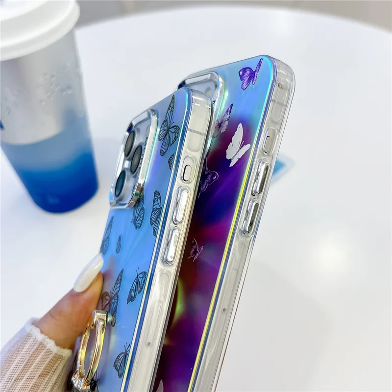 For iPhone 15 Pro Case Laser Texture Electroplating Butterfly Pattern Ring Kickstand Phone Cover - AB1