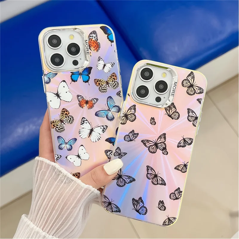 For iPhone 14 Pro Max Case Butterfly Pattern Electroplating Laser Effect PC+TPU Phone Cover -  AB5