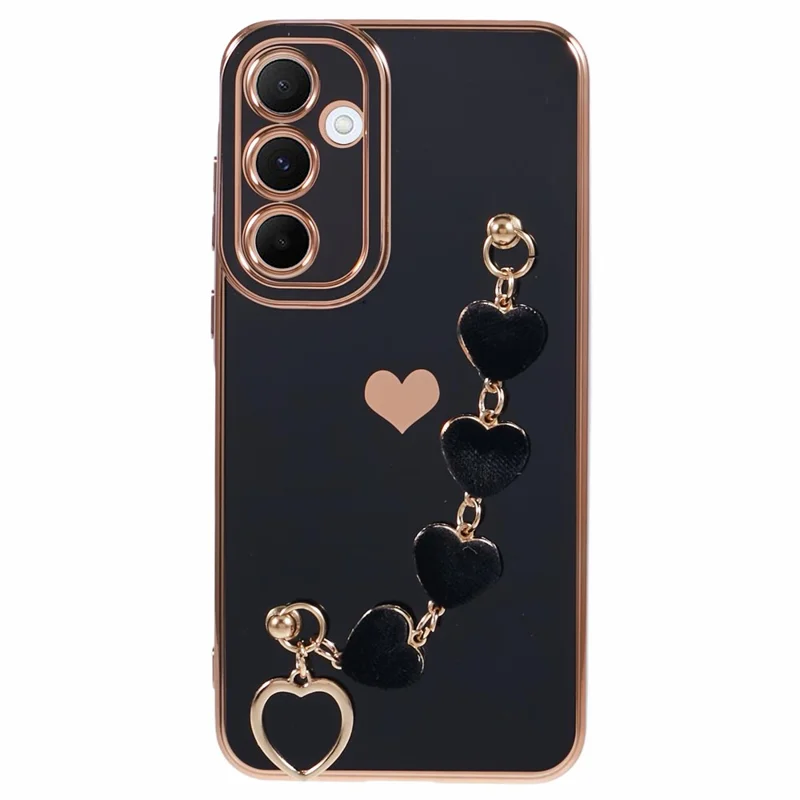 For Samsung Galaxy A13 5G Electroplating Case Phone TPU Cover with Plush Heart Chain Strap - Black