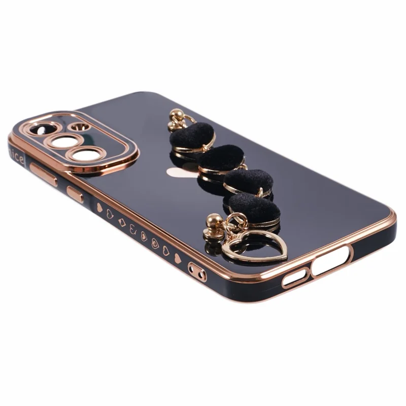 For Samsung Galaxy A13 5G Electroplating Case Phone TPU Cover with Plush Heart Chain Strap - Black