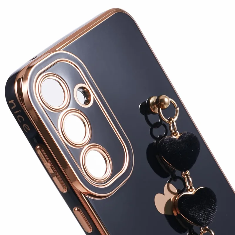 For Samsung Galaxy A13 5G Electroplating Case Phone TPU Cover with Plush Heart Chain Strap - Black