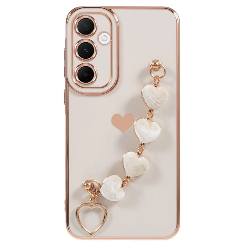 For Samsung Galaxy A13 5G Electroplating Case Phone TPU Cover with Plush Heart Chain Strap - White