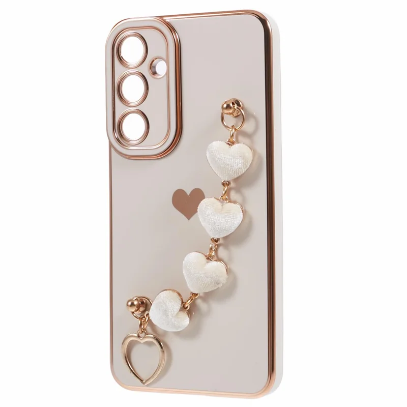 For Samsung Galaxy A13 5G Electroplating Case Phone TPU Cover with Plush Heart Chain Strap - White