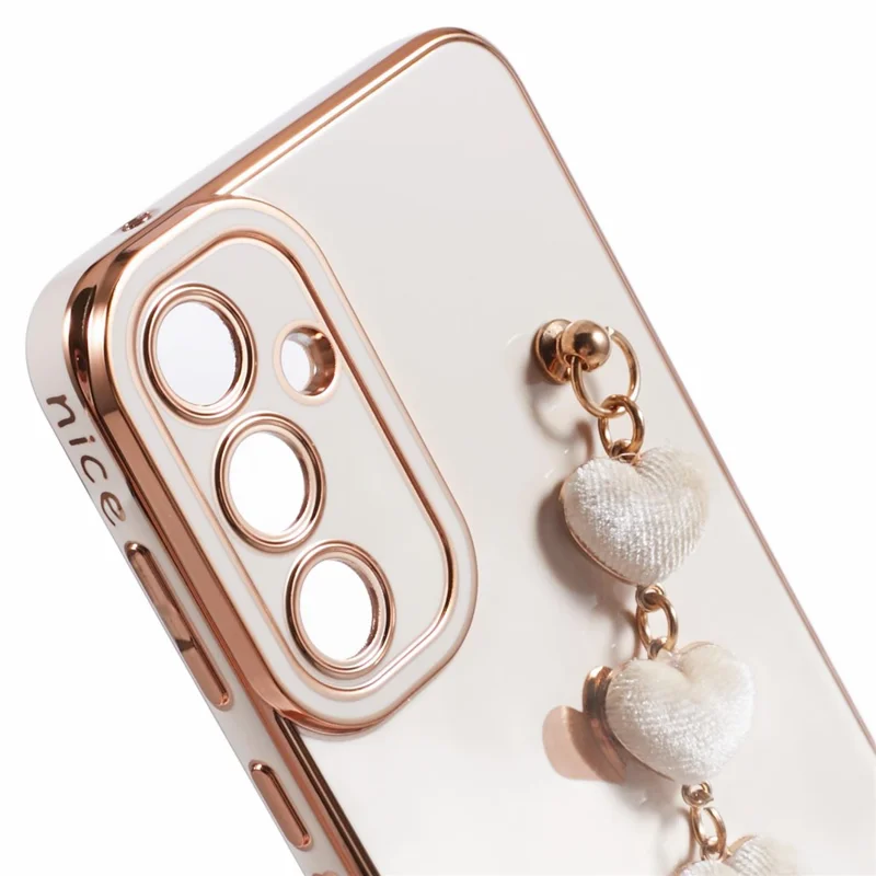 For Samsung Galaxy A13 5G Electroplating Case Phone TPU Cover with Plush Heart Chain Strap - White
