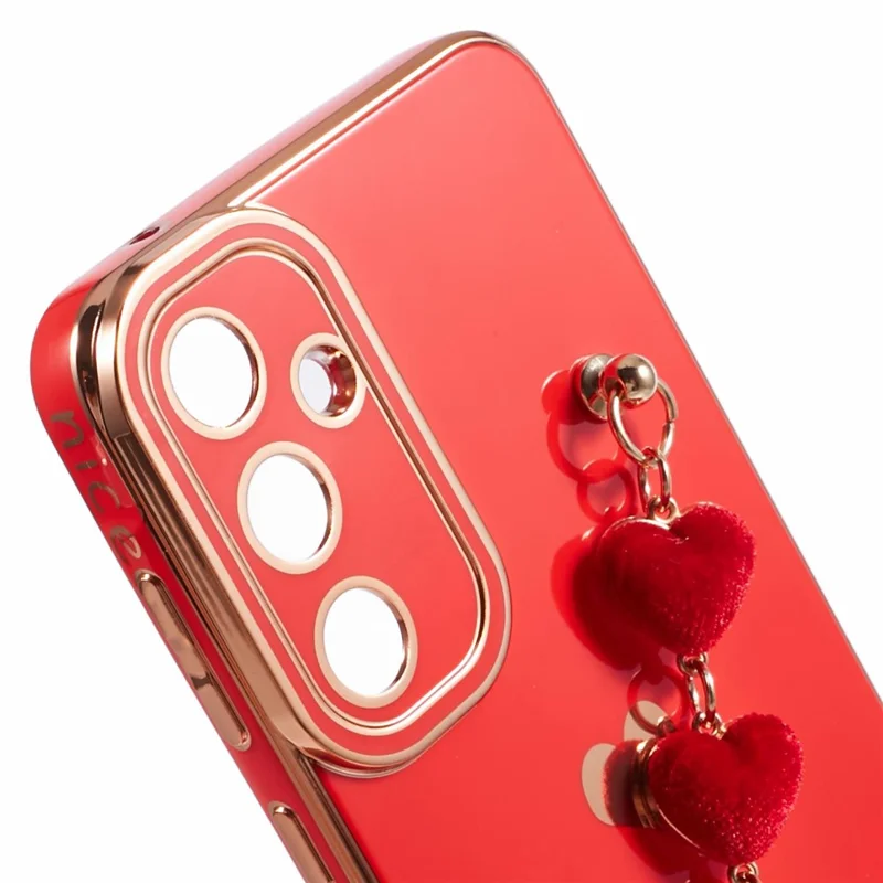 For Samsung Galaxy A13 5G Electroplating Case Phone TPU Cover with Plush Heart Chain Strap - Red