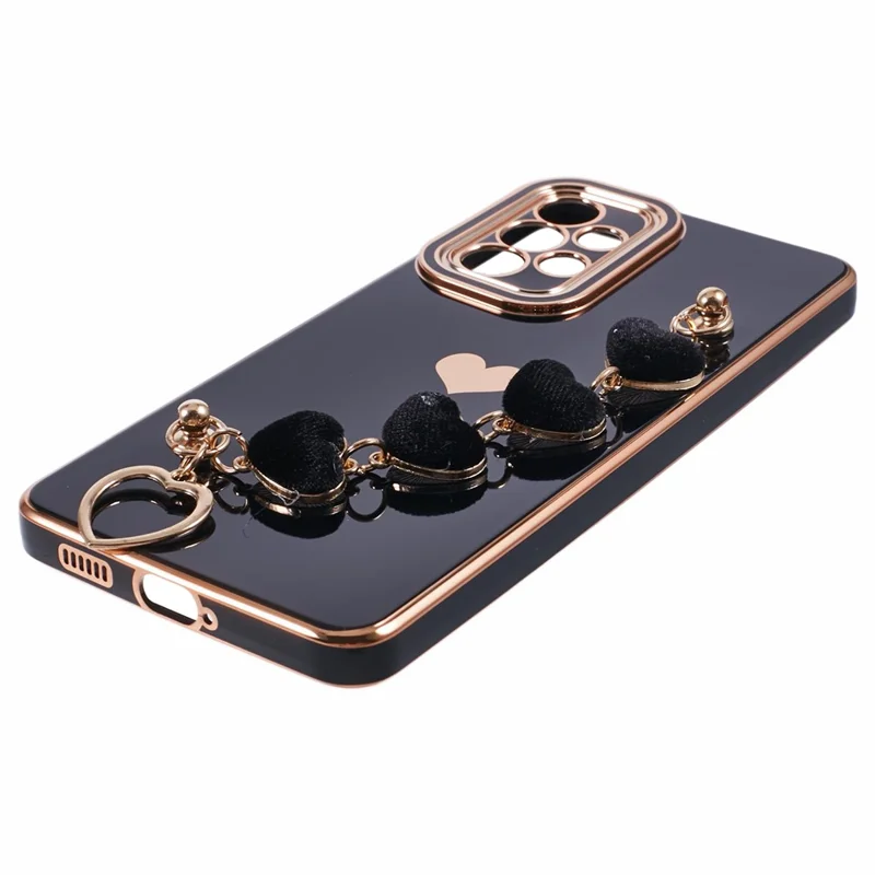 For Samsung Galaxy A13 4G Case Heart Print TPU Electroplating Phone Cover with Hand Strap - Black
