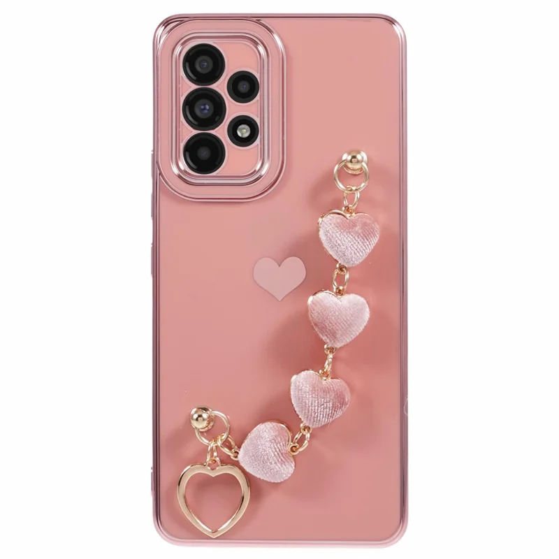 For Samsung Galaxy A13 4G Case Heart Print TPU Electroplating Phone Cover with Hand Strap - Pink
