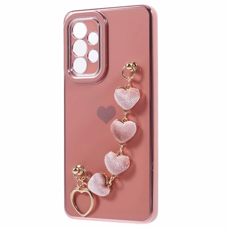 For Samsung Galaxy A13 4G Case Heart Print TPU Electroplating Phone Cover with Hand Strap - Pink