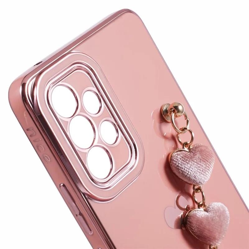For Samsung Galaxy A13 4G Case Heart Print TPU Electroplating Phone Cover with Hand Strap - Pink