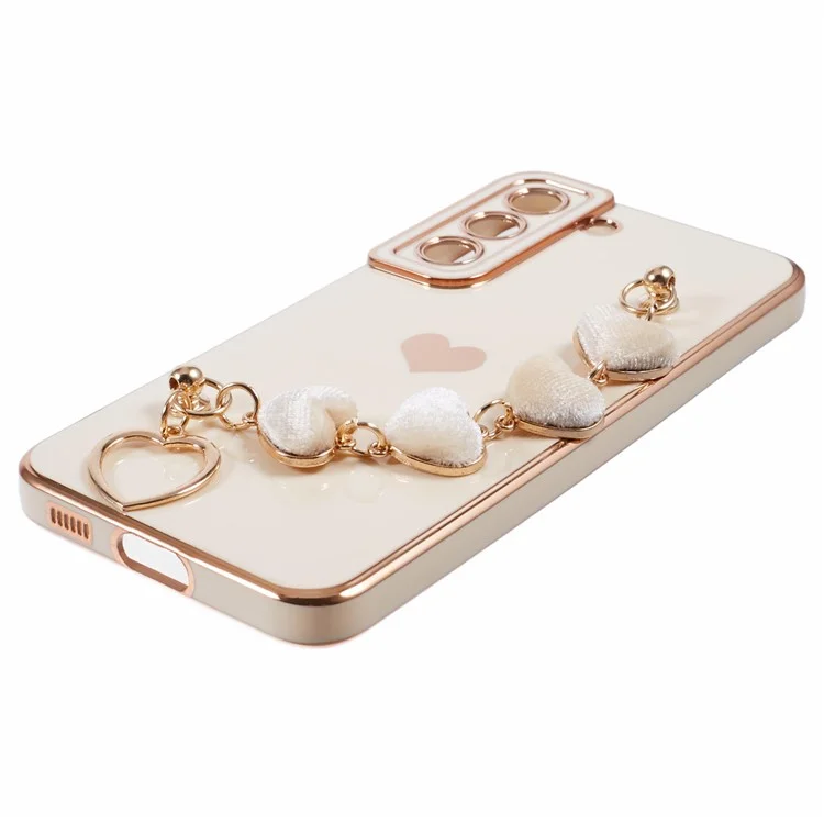 For Samsung Galaxy S22+ 5G Case with Heart Hand Strap TPU Phone Cover Electroplating Edge - White