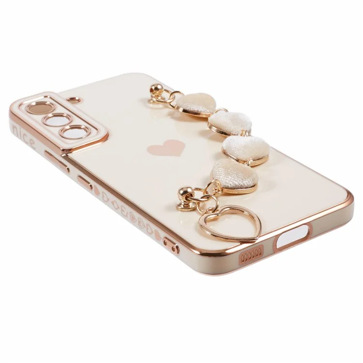 For Samsung Galaxy S22+ 5G Case with Heart Hand Strap TPU Phone Cover Electroplating Edge - White