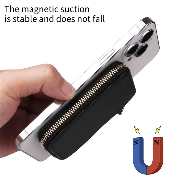 Handy-Rückenkarte Tasche Ständer Magnetischer Reißverschluss Kartenetui - Schwarz