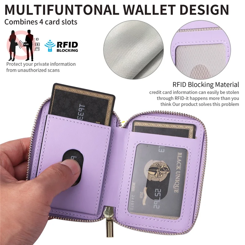 Cell Phone Back Card Bag Kickstand Magnetic Zipper Phone Card Holder - Light Purple