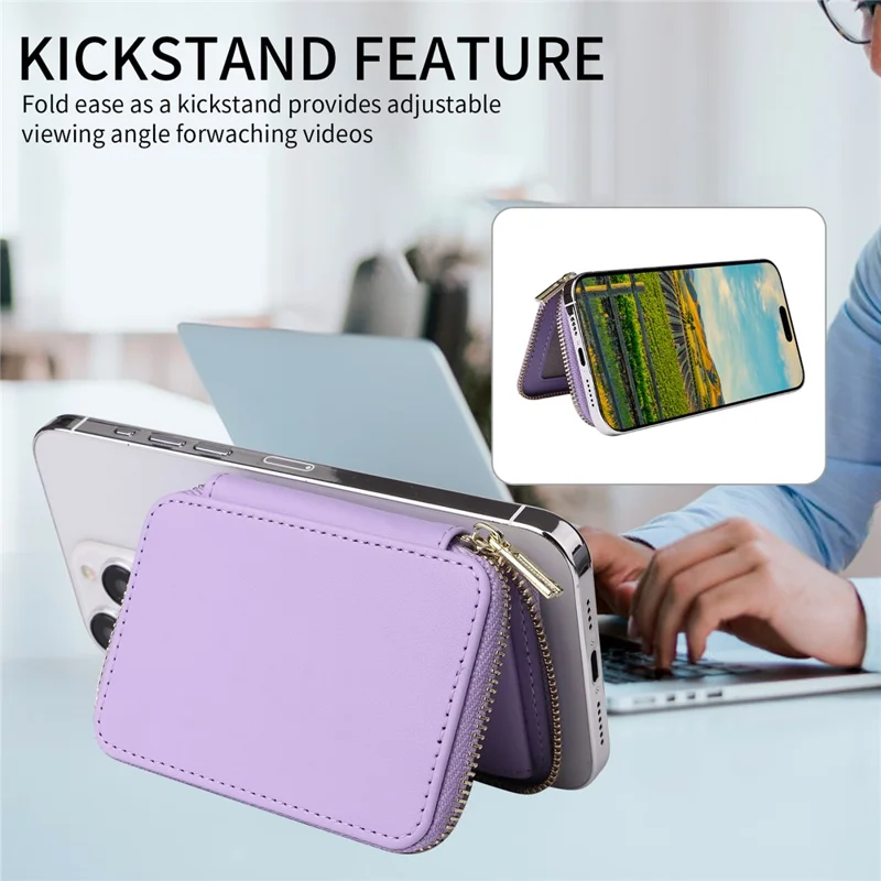 Cell Phone Back Card Bag Kickstand Magnetic Zipper Phone Card Holder - Light Purple