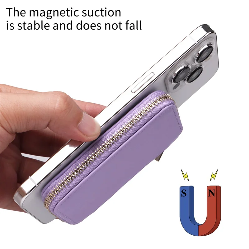 Cell Phone Back Card Bag Kickstand Magnetic Zipper Phone Card Holder - Light Purple