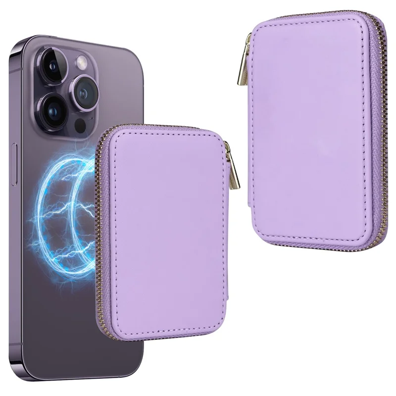 Cell Phone Back Card Bag Kickstand Magnetic Zipper Phone Card Holder - Light Purple
