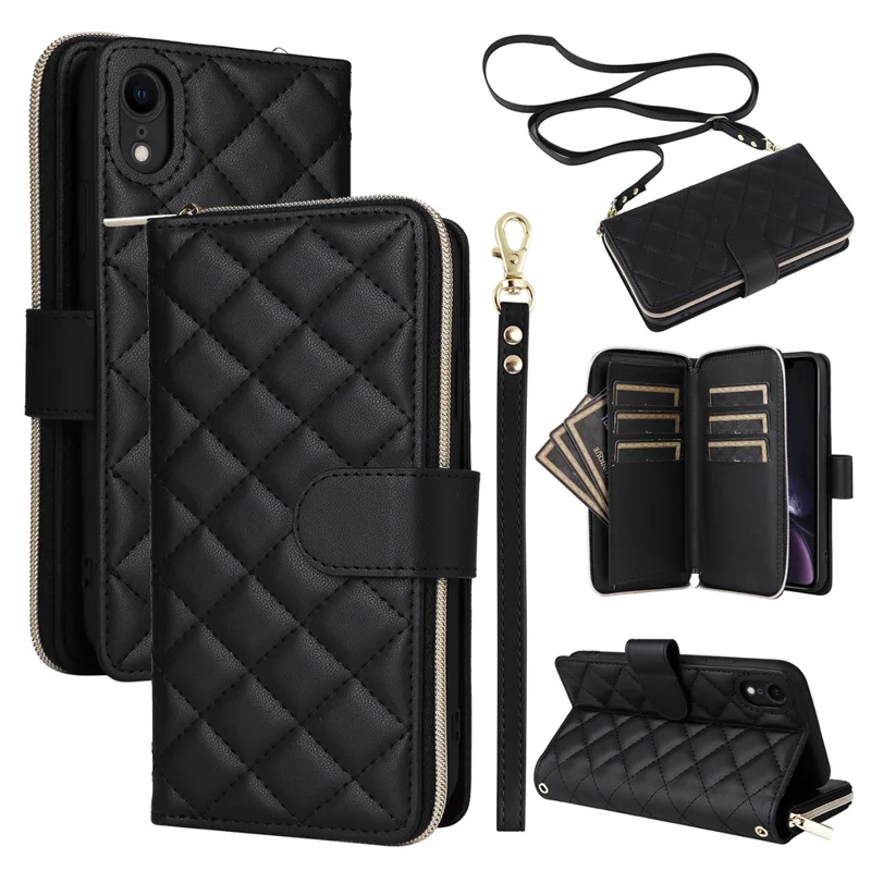 For iPhone XR Case Zipper Wallet Rhombus Leather Crossbody Phone Cover -  Black