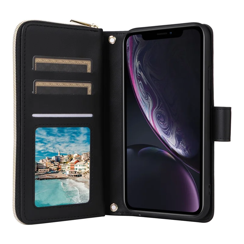 For iPhone XR Case Zipper Wallet Rhombus Leather Crossbody Phone Cover -  Black