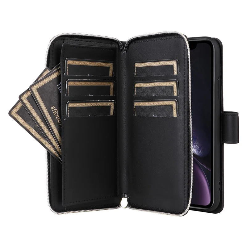 For iPhone XR Case Zipper Wallet Rhombus Leather Crossbody Phone Cover -  Black