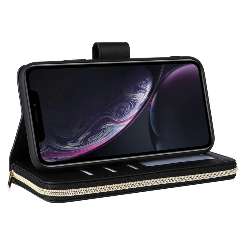 For iPhone XR Case Zipper Wallet Rhombus Leather Crossbody Phone Cover -  Black