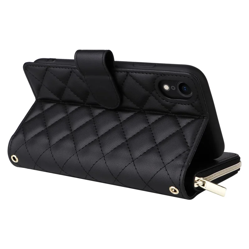 For iPhone XR Case Zipper Wallet Rhombus Leather Crossbody Phone Cover -  Black