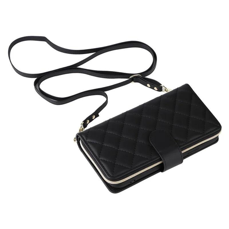 For iPhone XR Case Zipper Wallet Rhombus Leather Crossbody Phone Cover -  Black