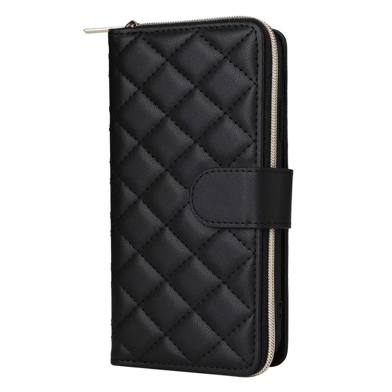 For iPhone XR Case Zipper Wallet Rhombus Leather Crossbody Phone Cover -  Black