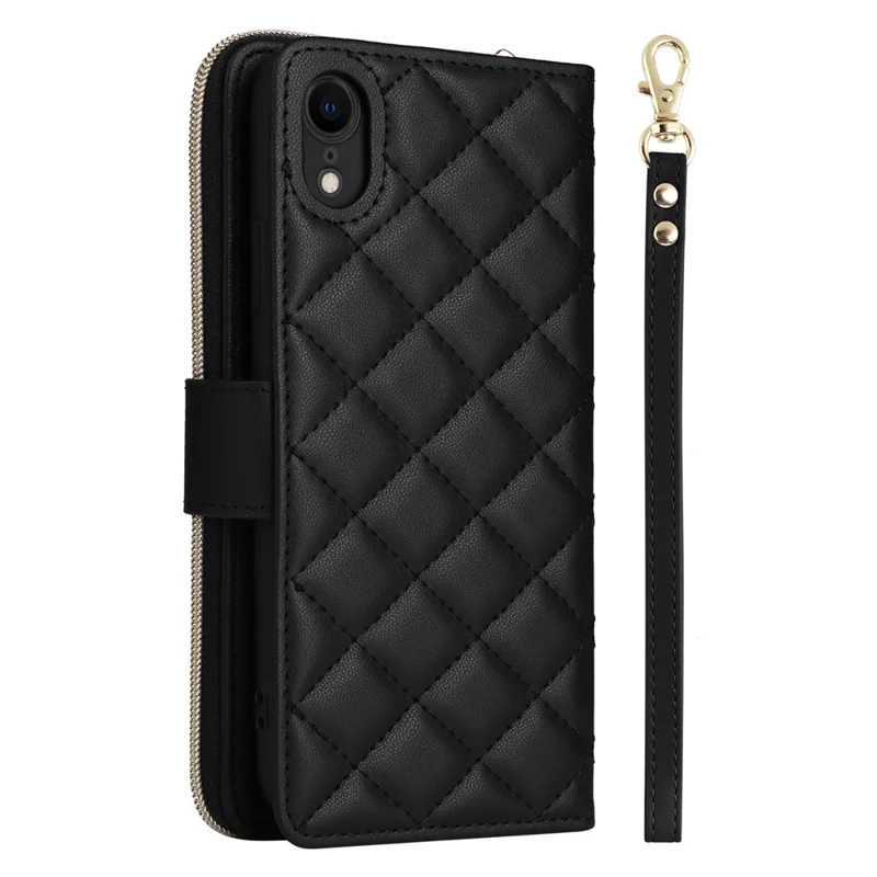 For iPhone XR Case Zipper Wallet Rhombus Leather Crossbody Phone Cover -  Black