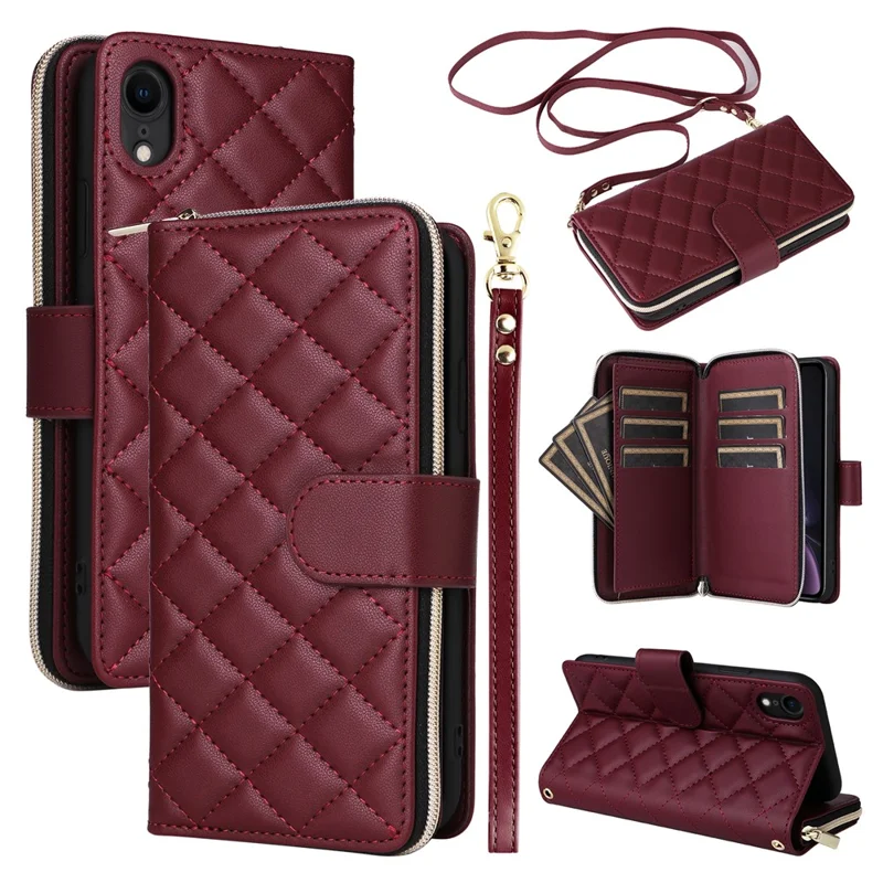 For iPhone XR Case Zipper Wallet Rhombus Leather Crossbody Phone Cover -  Wine Red