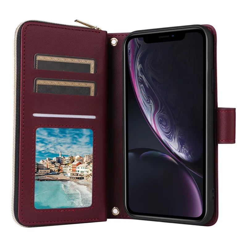 For iPhone XR Case Zipper Wallet Rhombus Leather Crossbody Phone Cover -  Wine Red