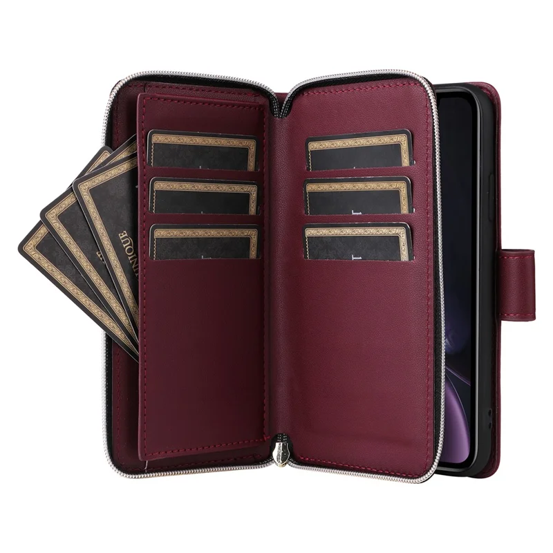 For iPhone XR Case Zipper Wallet Rhombus Leather Crossbody Phone Cover -  Wine Red