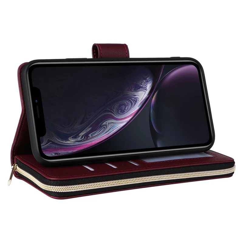 For iPhone XR Case Zipper Wallet Rhombus Leather Crossbody Phone Cover -  Wine Red