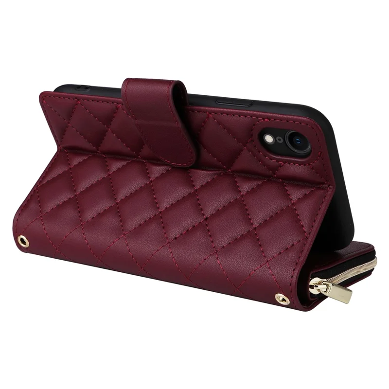 For iPhone XR Case Zipper Wallet Rhombus Leather Crossbody Phone Cover -  Wine Red