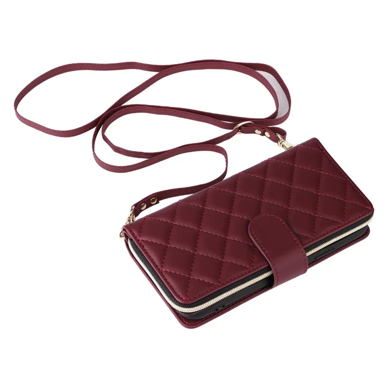 For iPhone XR Case Zipper Wallet Rhombus Leather Crossbody Phone Cover -  Wine Red