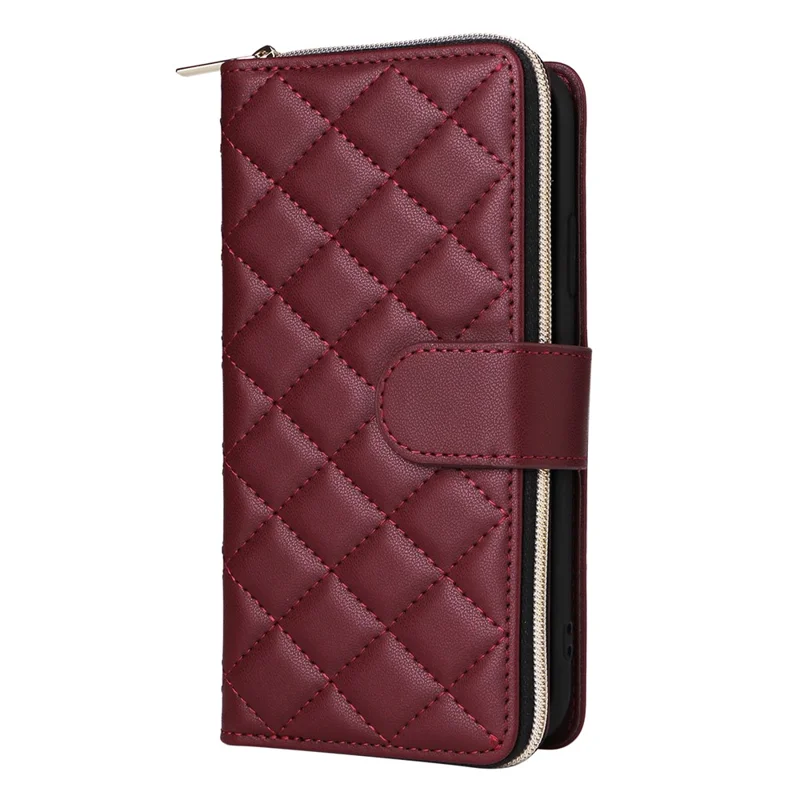 For iPhone XR Case Zipper Wallet Rhombus Leather Crossbody Phone Cover -  Wine Red