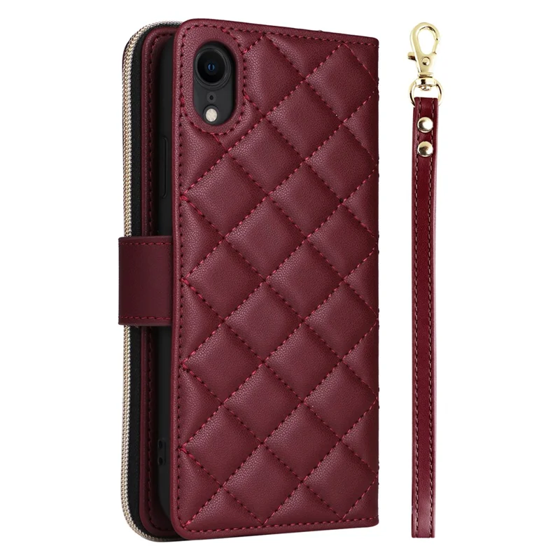 For iPhone XR Case Zipper Wallet Rhombus Leather Crossbody Phone Cover -  Wine Red