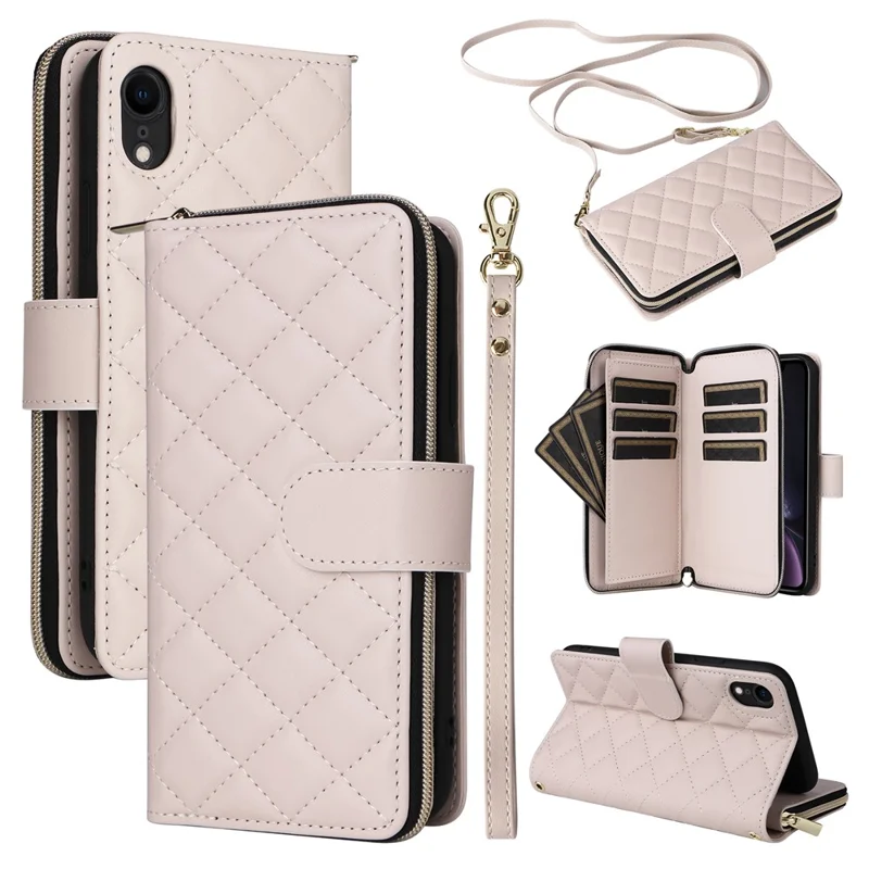 For iPhone XR Case Zipper Wallet Rhombus Leather Crossbody Phone Cover -  Beige