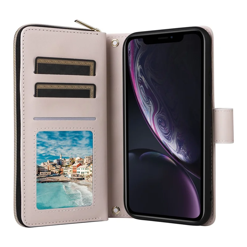 For iPhone XR Case Zipper Wallet Rhombus Leather Crossbody Phone Cover -  Beige