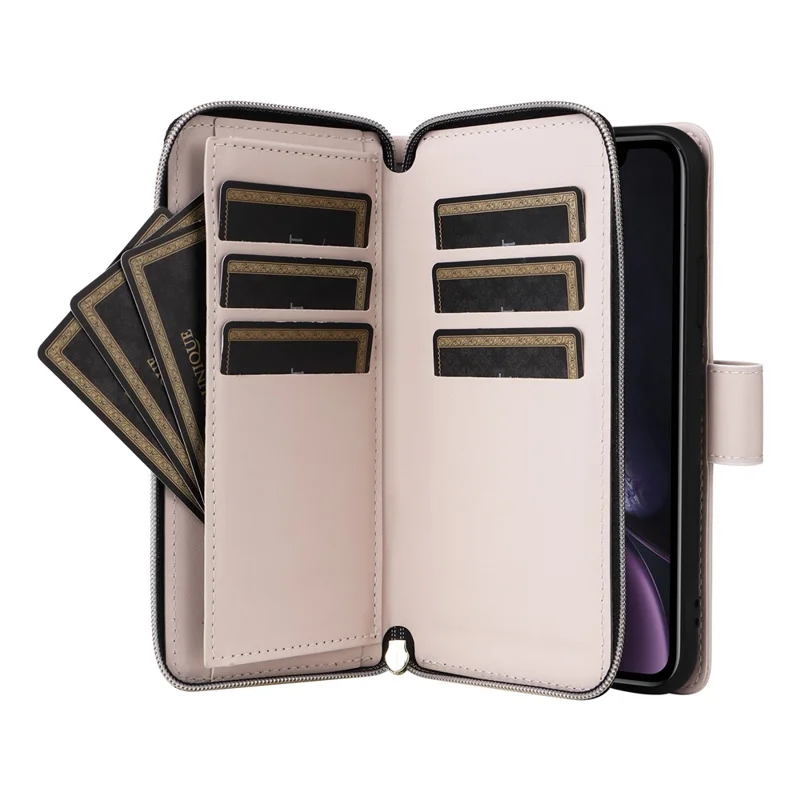 For iPhone XR Case Zipper Wallet Rhombus Leather Crossbody Phone Cover -  Beige