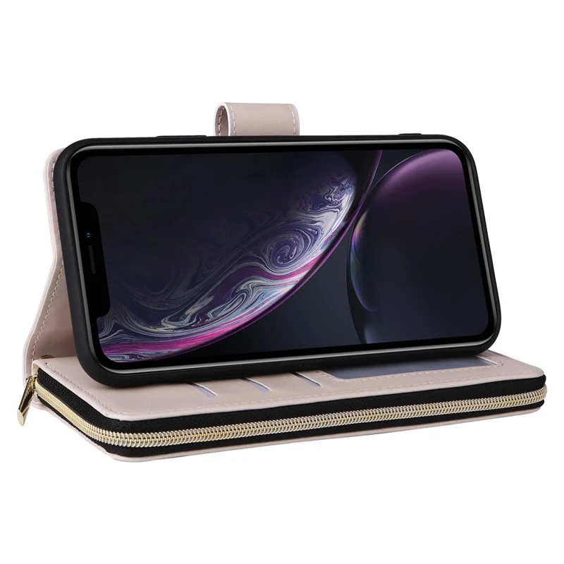 For iPhone XR Case Zipper Wallet Rhombus Leather Crossbody Phone Cover -  Beige