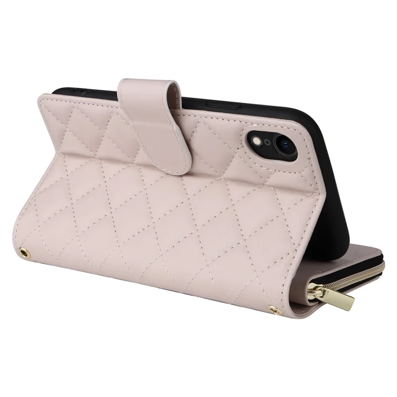 For iPhone XR Case Zipper Wallet Rhombus Leather Crossbody Phone Cover -  Beige