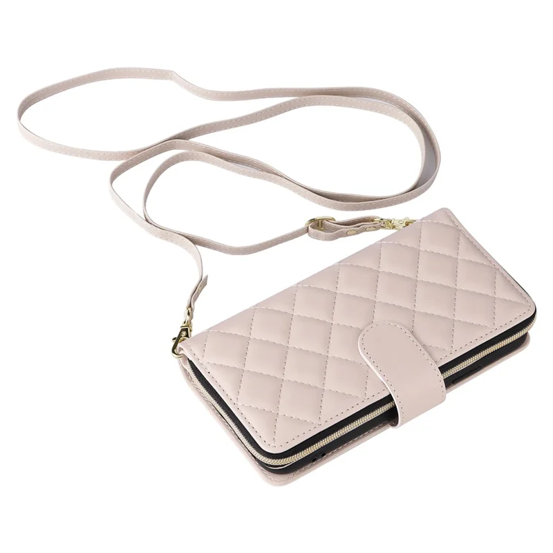 For iPhone XR Case Zipper Wallet Rhombus Leather Crossbody Phone Cover -  Beige