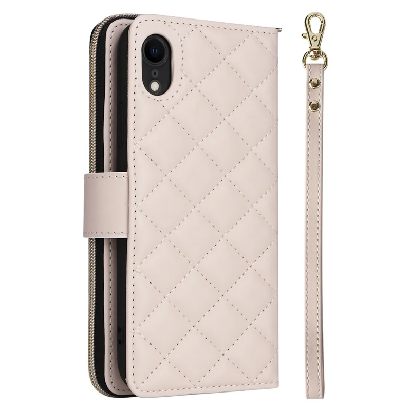 For iPhone XR Case Zipper Wallet Rhombus Leather Crossbody Phone Cover -  Beige